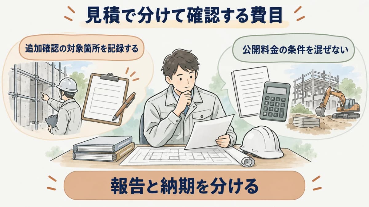 追加確認の対象箇所と工事工程を記録する手順