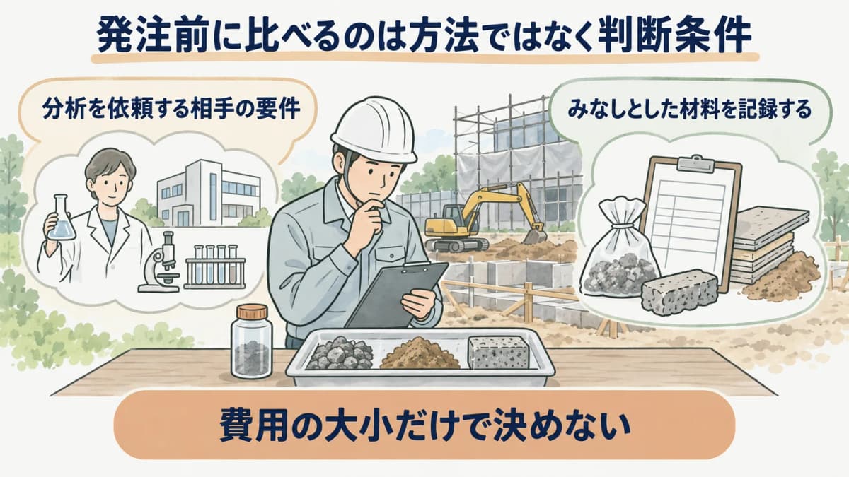 分析調査とみなし措置の判断条件を整理する発注担当者