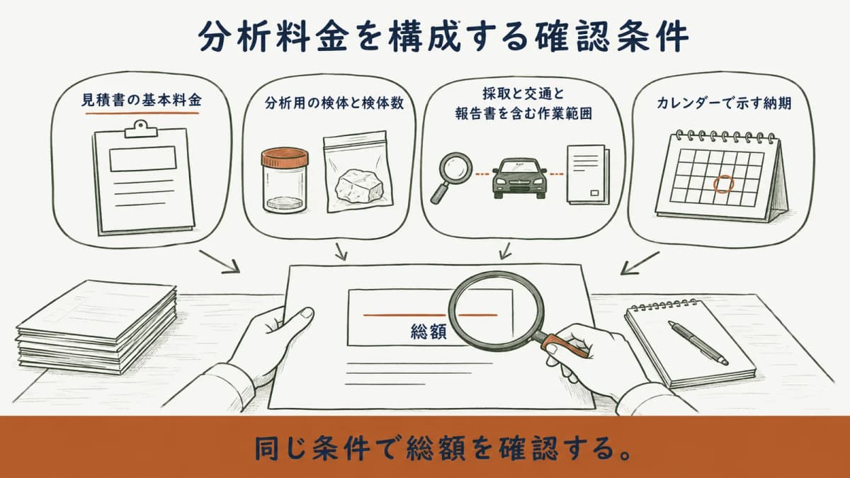 アスベスト分析の料金を基本料金、検体数、範囲、納期で分ける図
