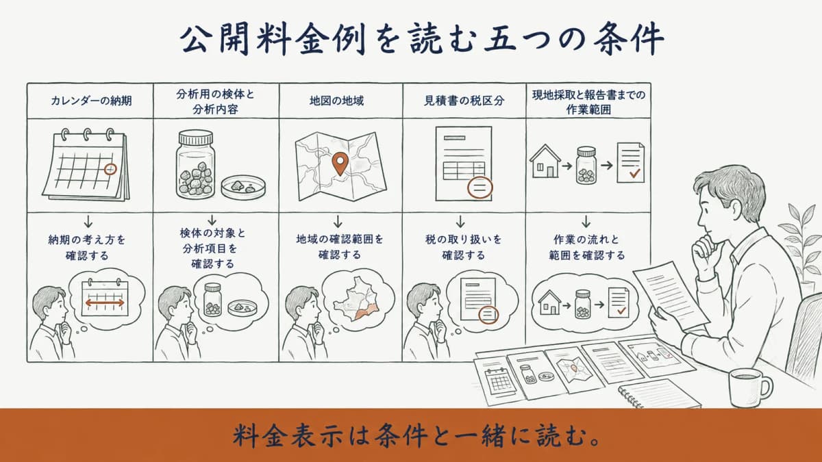 公開料金例を納期、分析内容、地域、税区分、作業範囲で読む図