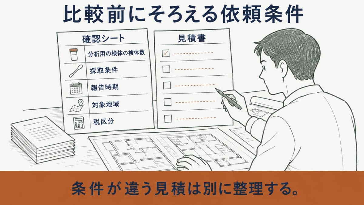 見積比較の前に依頼条件をそろえるための確認シートを示す図