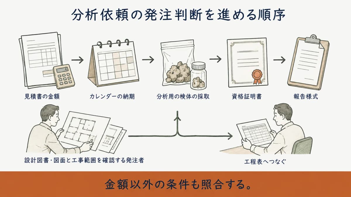 金額、納期、採取、資格、報告様式を順に確認する発注判断の図