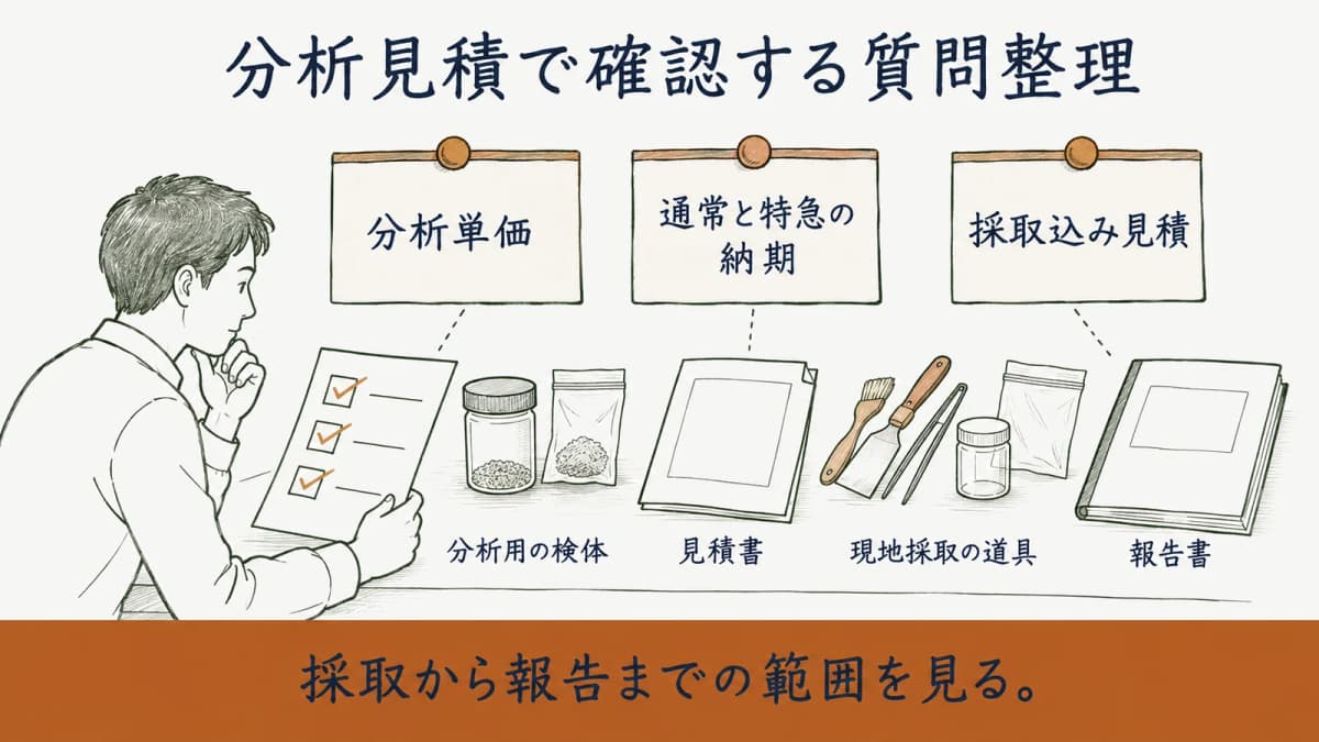分析単価、特急対応、採取込み見積の質問を整理した図