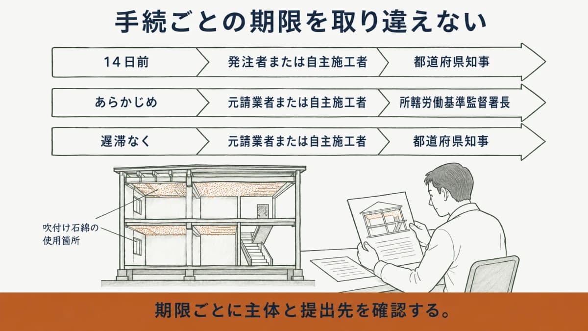 14日前、あらかじめ、遅滞なくの期限を分けて確認する図