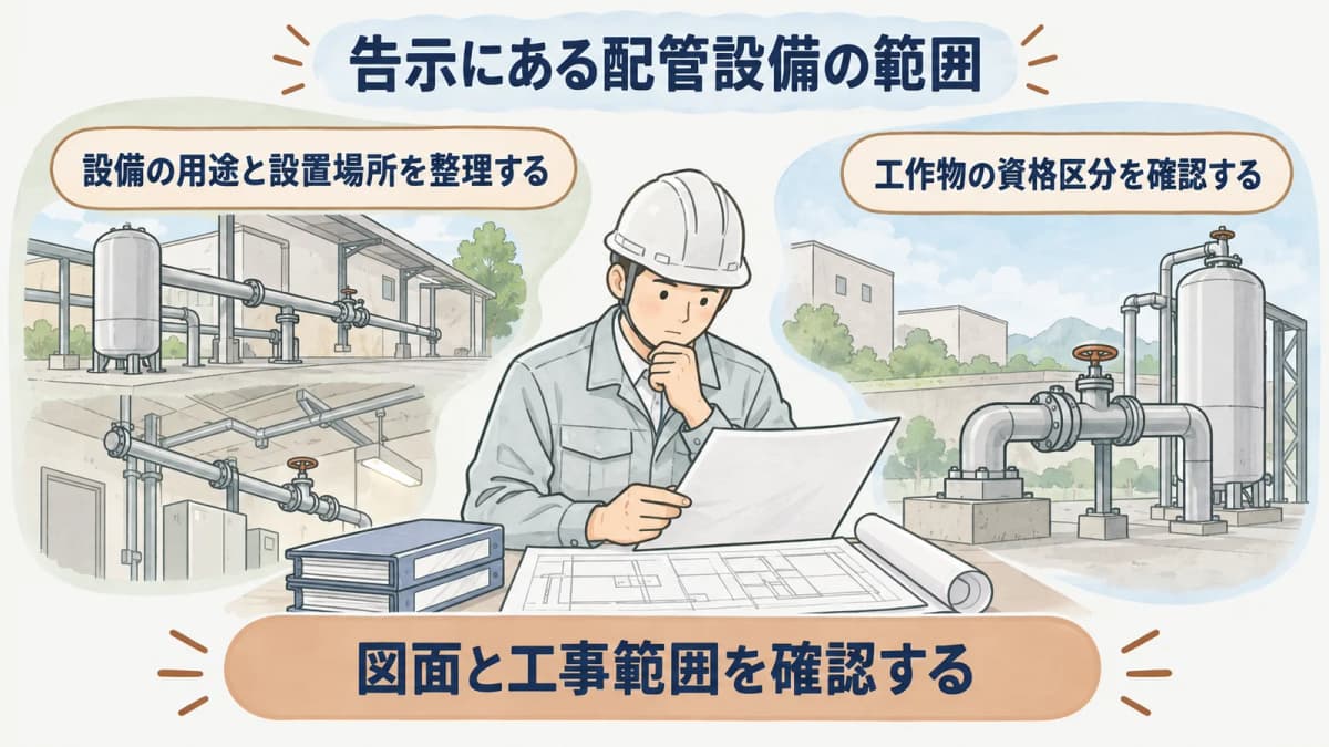 配管設備の用途と設置場所を図面で確認する場面