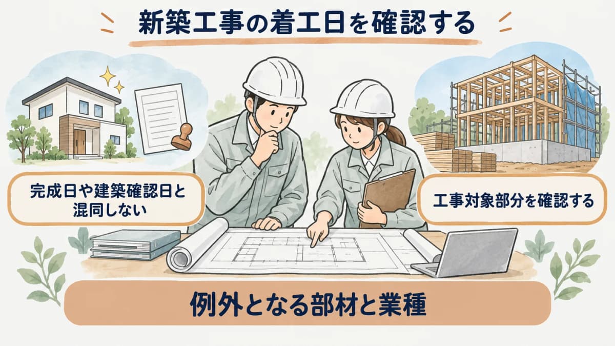 設計図書の着工日と工事対象部分を照合する場面