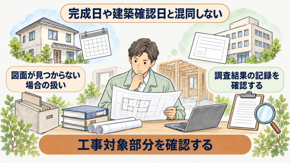 工事対象部分と図面の有無を整理して調査を依頼する手順