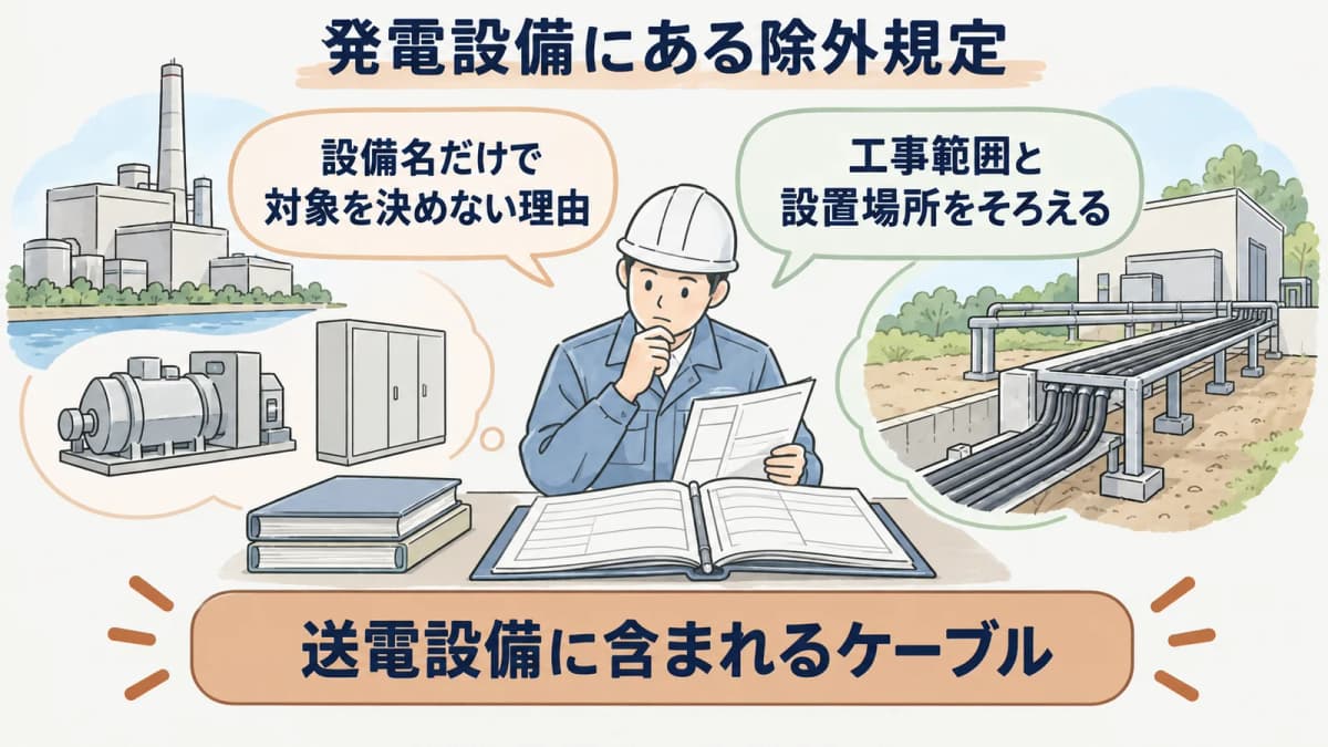 発電設備の除外規定と工事範囲を図面で確認する場面
