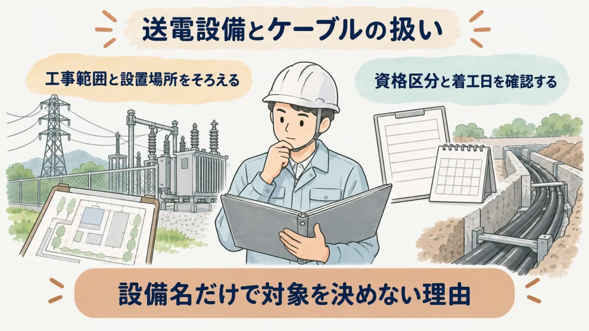 送電設備とケーブルを含む工事範囲を確認する図解
