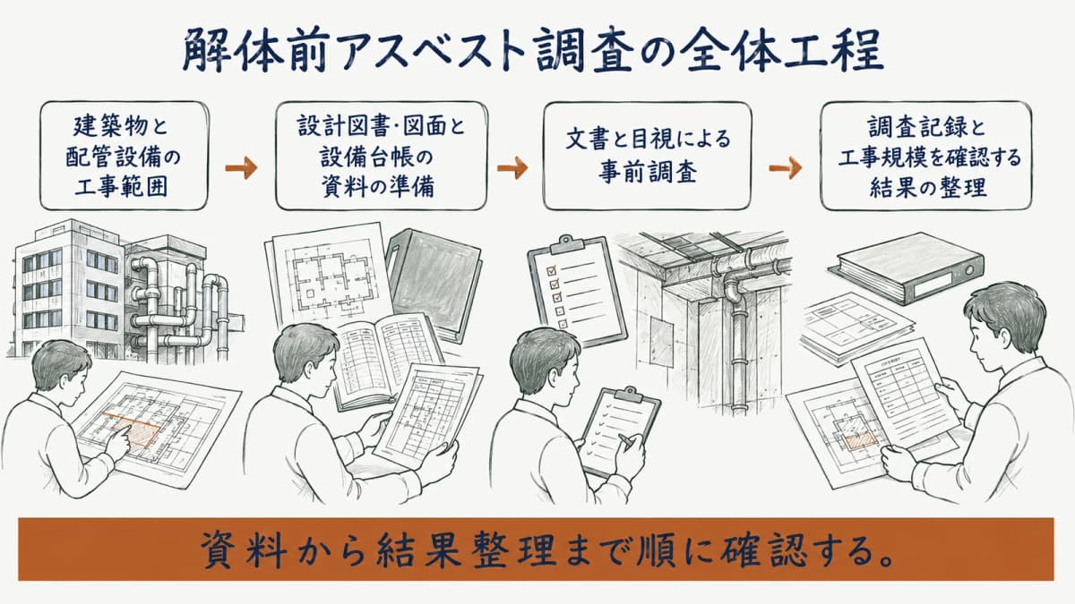 解体前のアスベスト調査を資料整理から届出確認まで並べた工程図