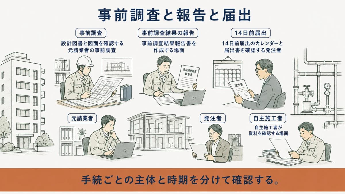 事前調査と報告と14日前届出を分けた対応の早見表