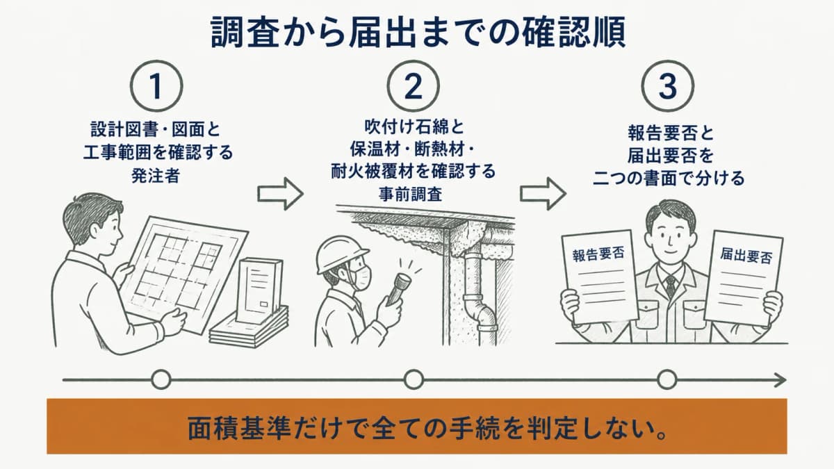 事前調査から報告要否・届出要否へ進む確認順