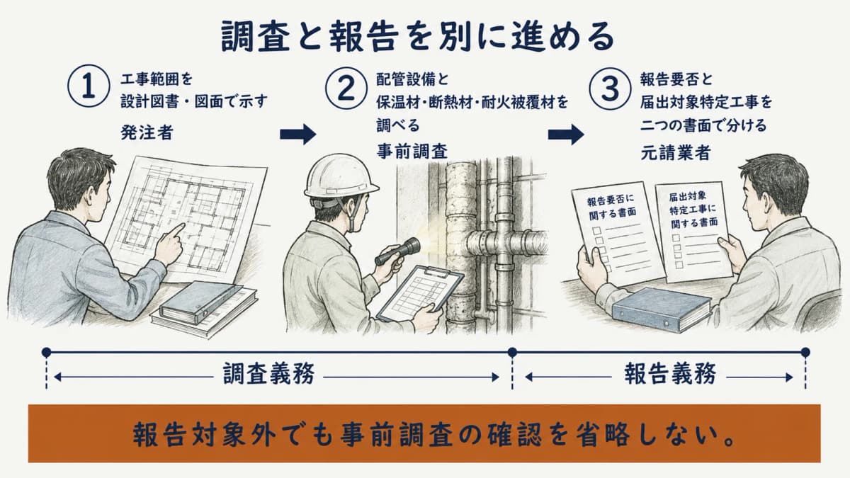 調査義務と報告義務を別に確認する手順