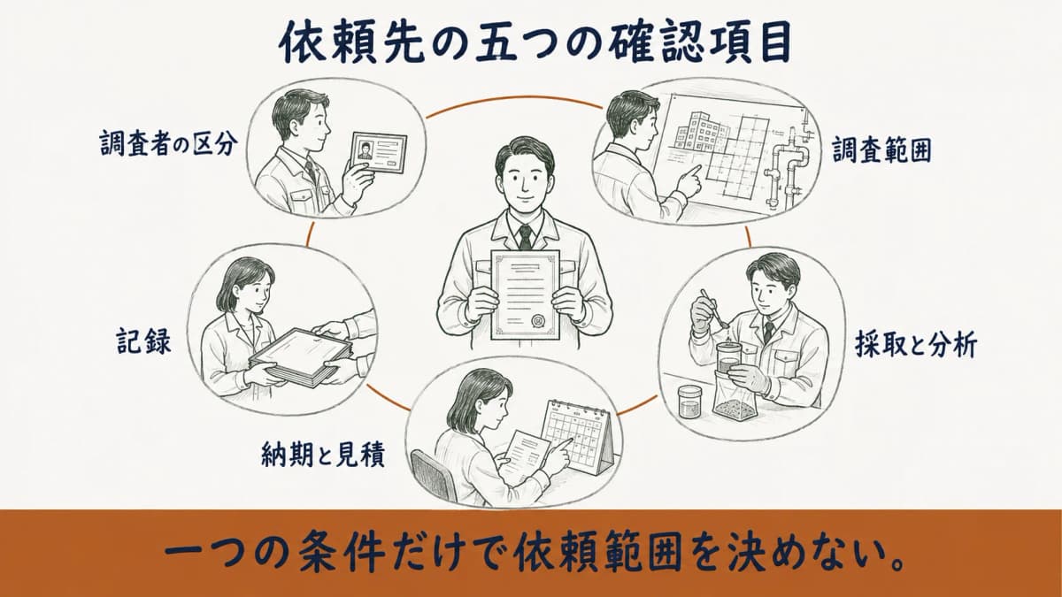 アスベスト調査の依頼先を確認する五つの項目の図