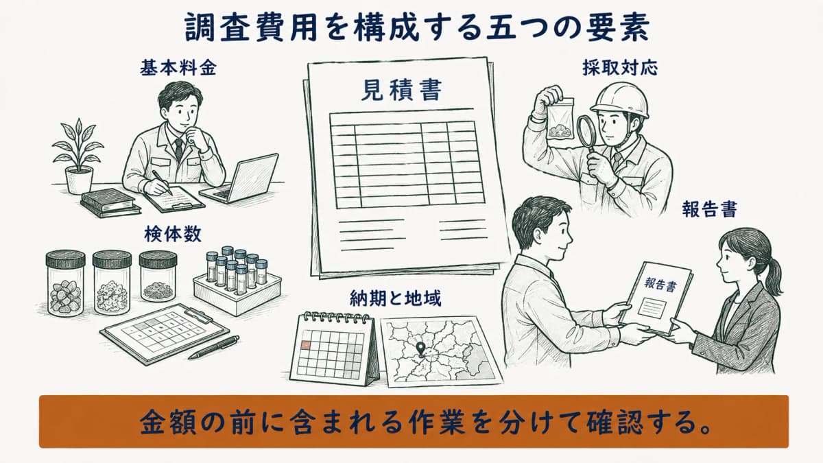 アスベスト調査費用を構成する基本料金・検体・採取・報告書・納期の図