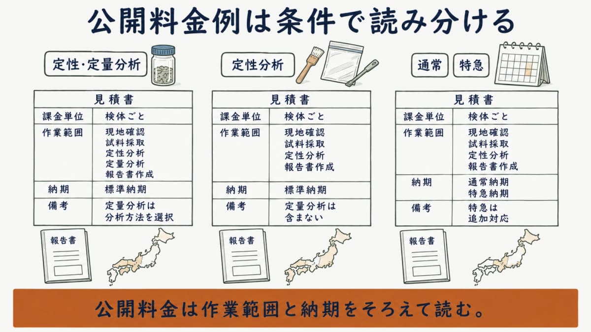 公開料金例を課金単位・作業範囲・納期で読み分ける図