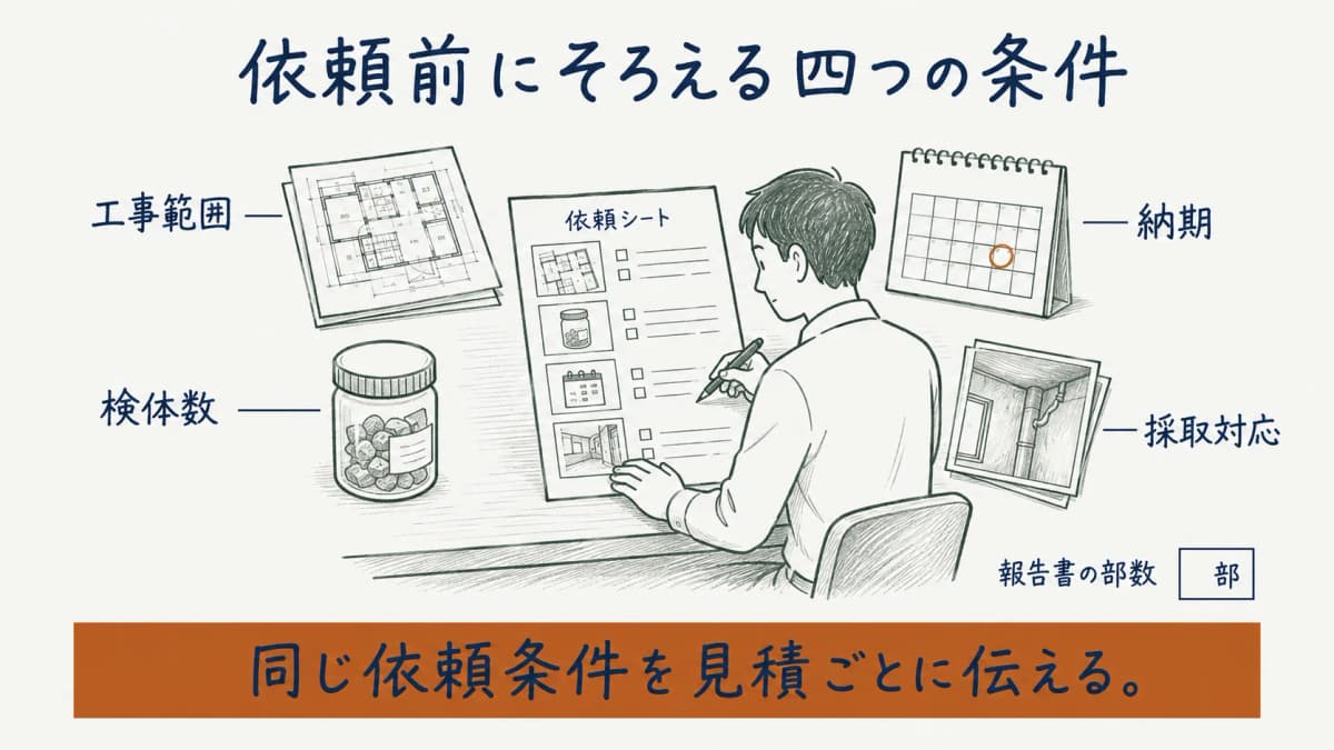 工事範囲・検体数・納期・採取対応を依頼条件としてそろえる図