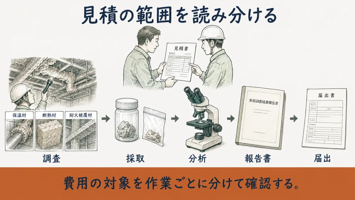 調査から報告書までを分けて確認する見積の範囲