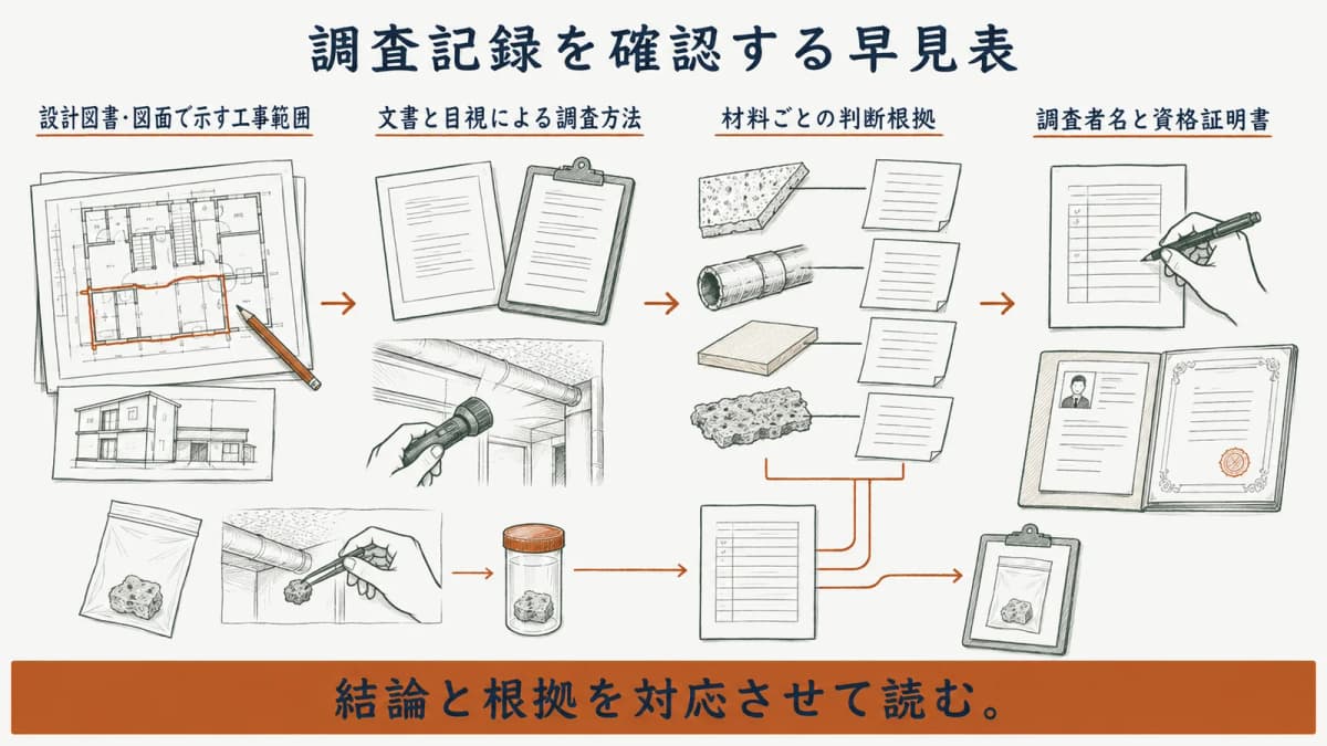 アスベスト調査記録で確認する工事範囲、調査方法、判断根拠の早見図