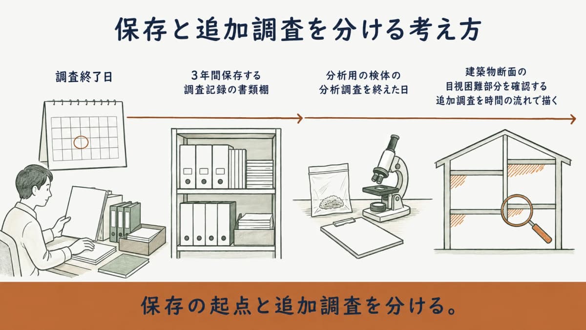 調査終了日からの保存と目視困難部分の追加調査を示す図