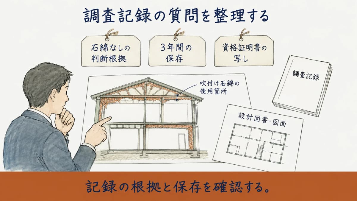 石綿なしの根拠、保存期間、資格証明書の質問を整理した図