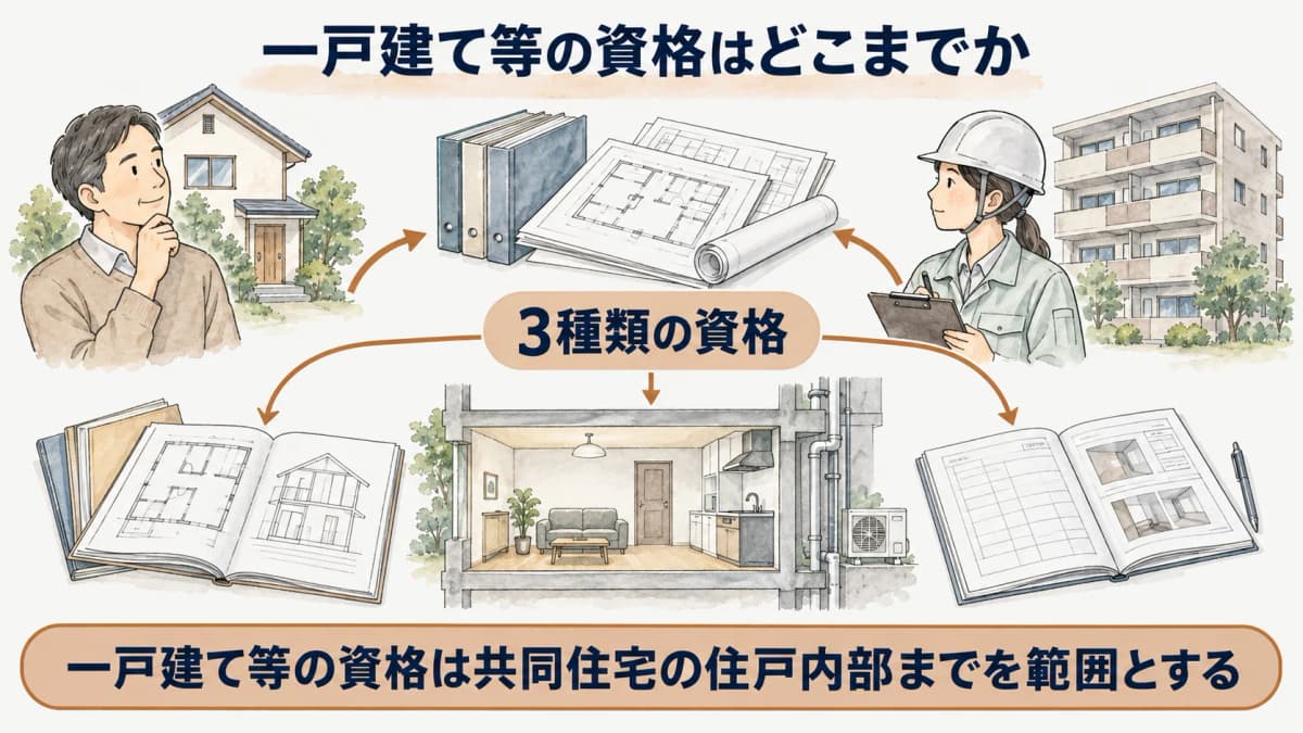 一戸建て住宅と共同住宅の住戸内部・共用部を分けた範囲図