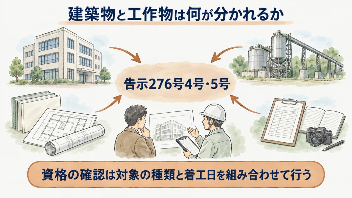 建築物と特定工作物の着工日・資格区分を対比した早見図