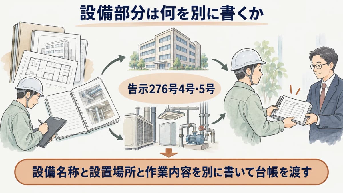 設備名称・設置場所・作業内容を別に書いて台帳を渡す図