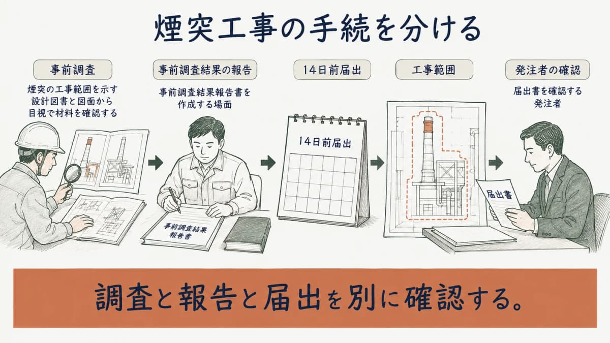 煙突工事で事前調査と報告と届出を分けて確認する流れ