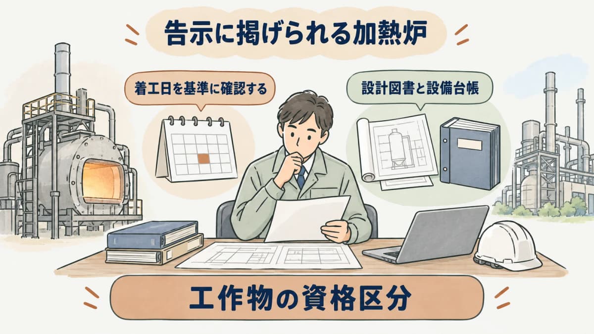 加熱炉の告示区分と着工日を確認する図