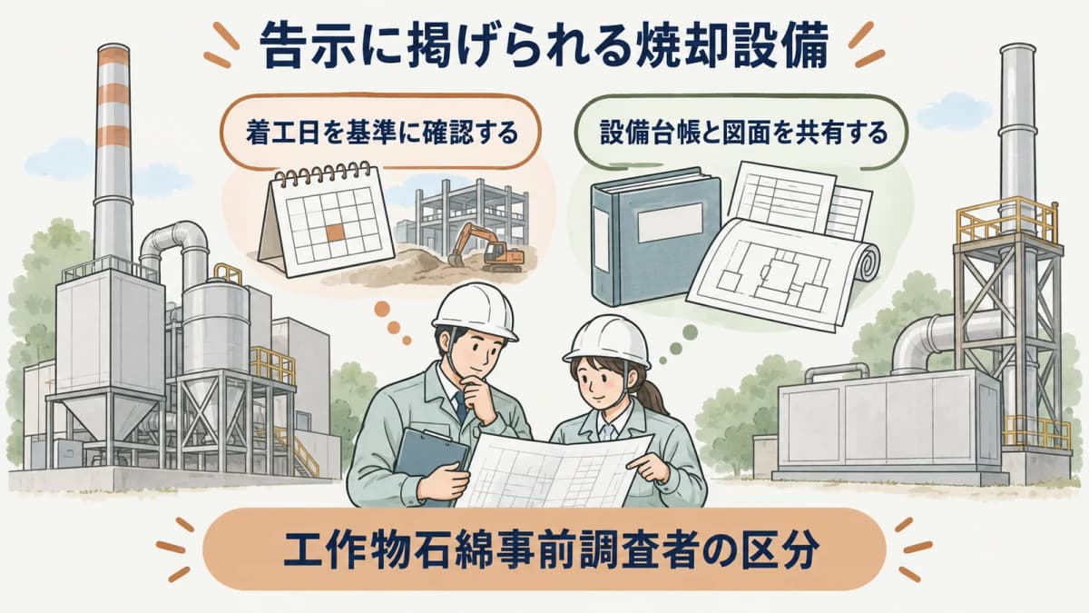 焼却設備の調査範囲と資格証明を確認する図