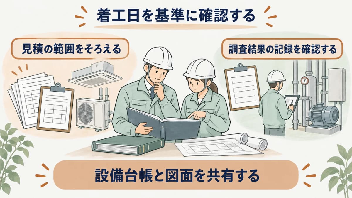 焼却設備の工事範囲と調査記録を照合する図
