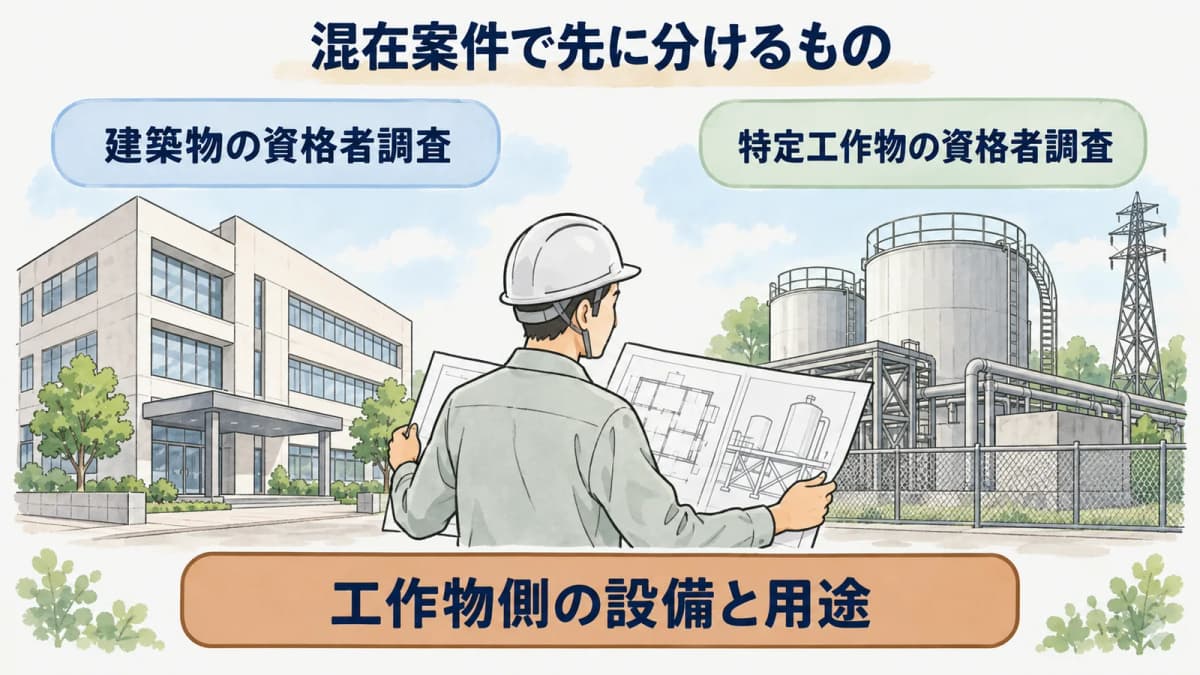 建屋と設備と工事対象部分を分けて整理する図