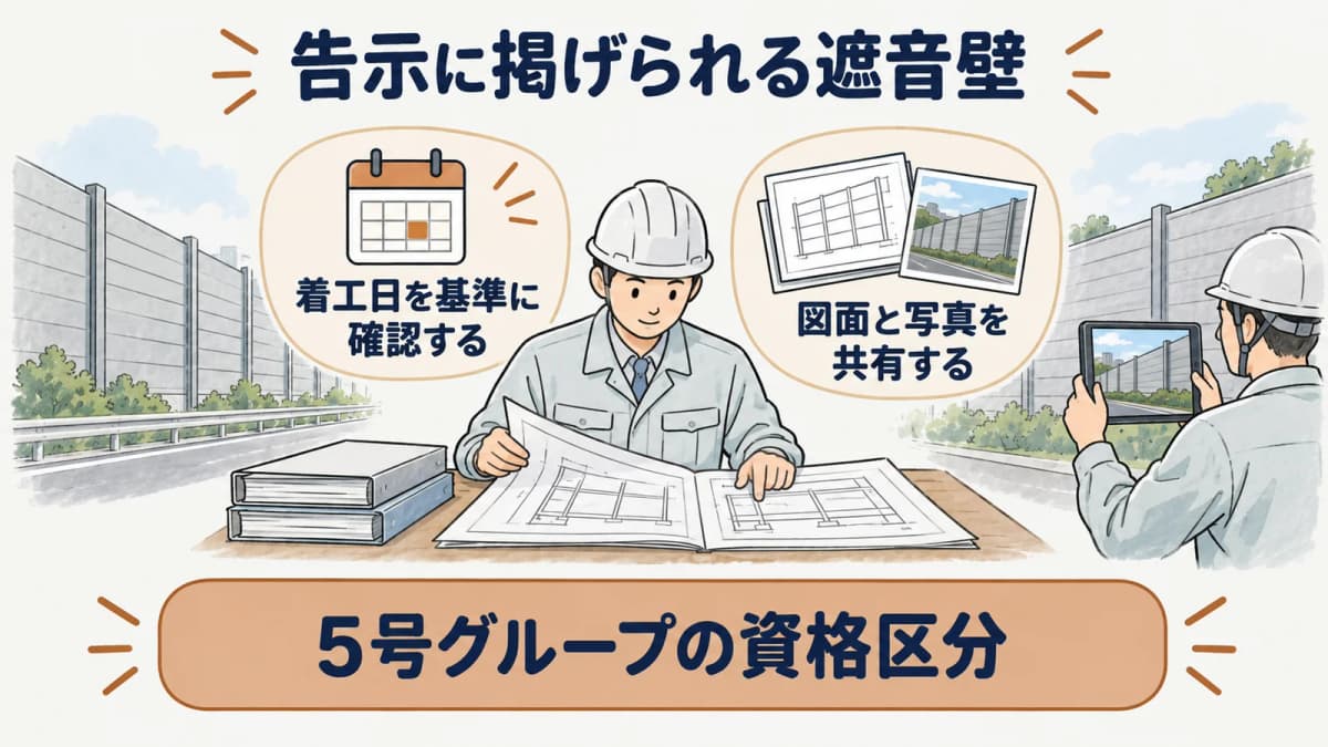 遮音壁の調査範囲と資格証明を照合する図