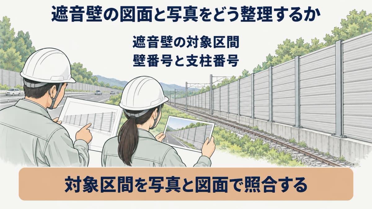 遮音壁の図面写真調査範囲記録を整理する図
