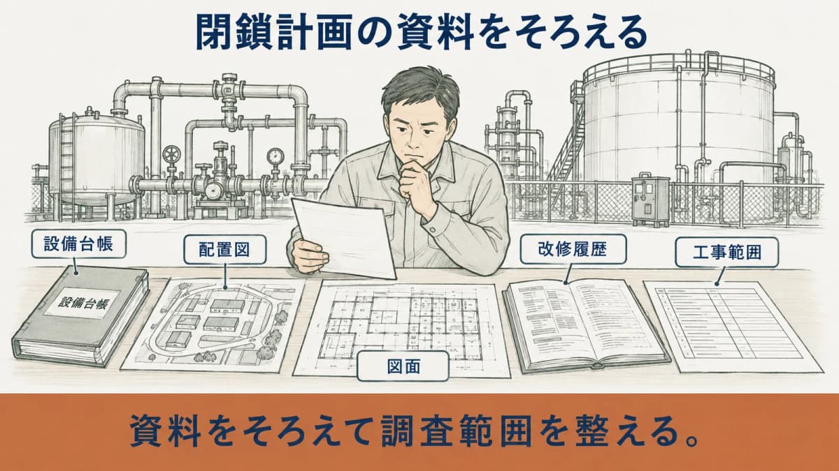 閉鎖計画で設備台帳と図面を集めて調査範囲を整える段取り
