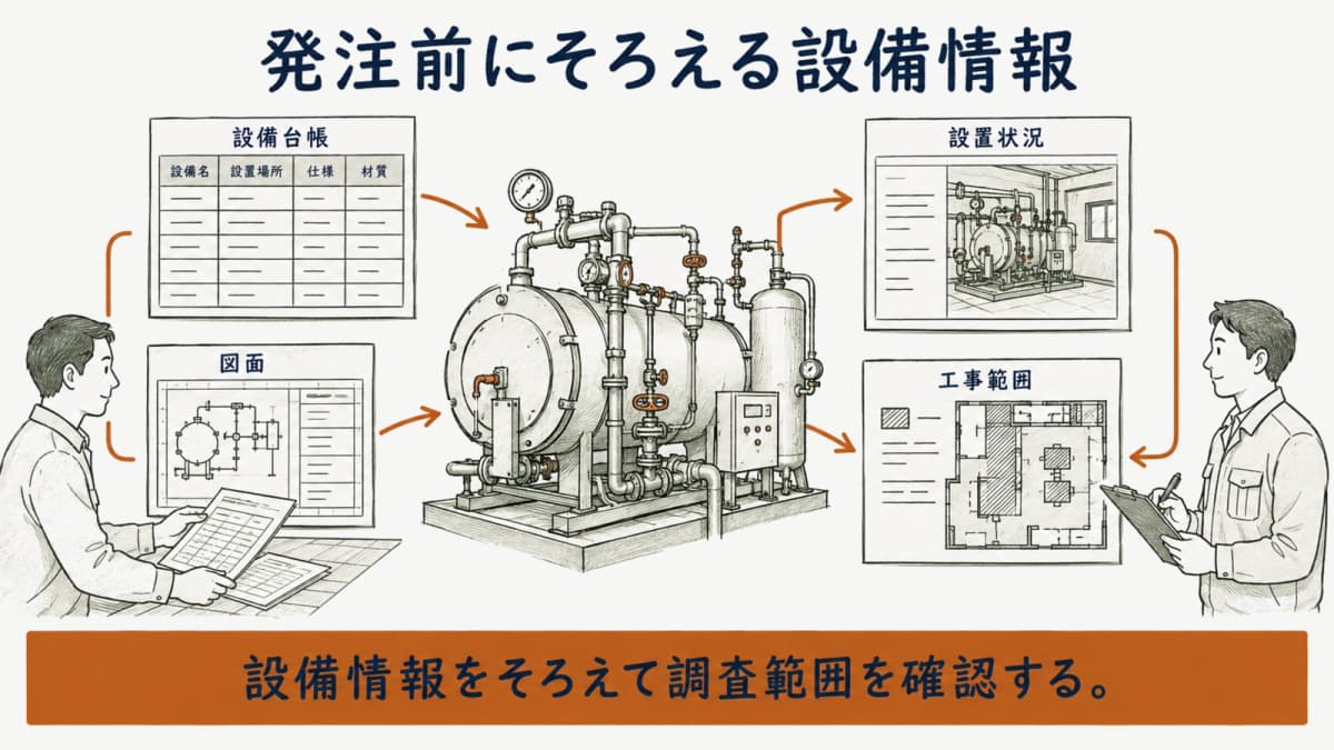 設備台帳、図面、設置状況、工事範囲を発注前にそろえる図