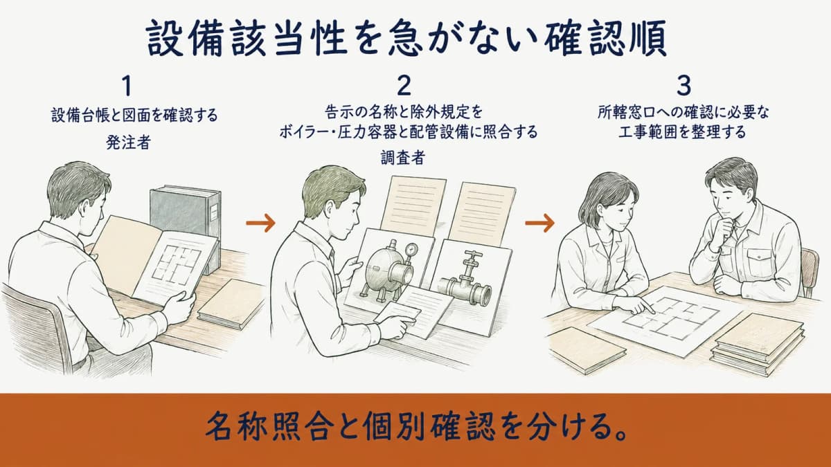 告示の名称照合と所轄窓口への確認を分ける手順図