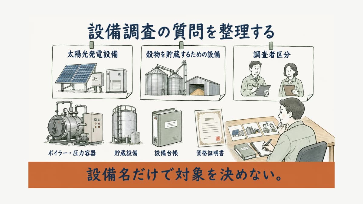 太陽光発電設備、穀物貯蔵設備、調査者区分の質問を整理した図