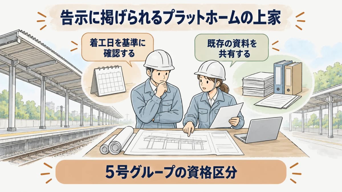 プラットホーム上家の資格区分と工事範囲を確認する図