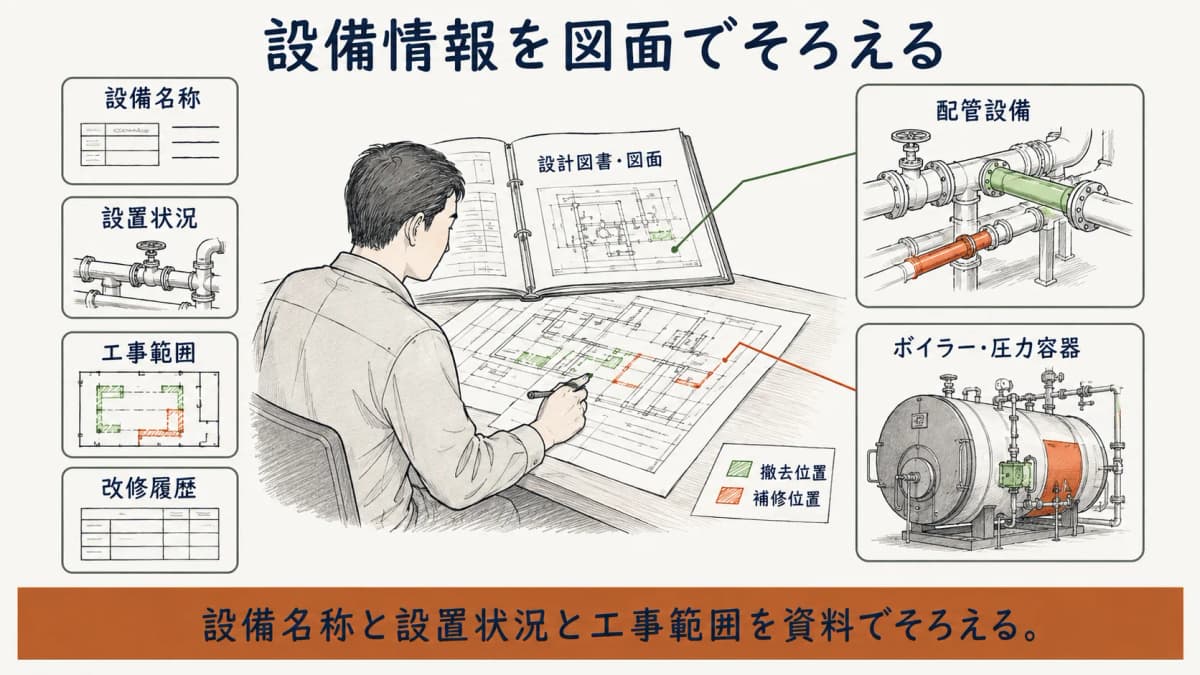 設備保有者が図面・名称・設置状況・工事範囲を整理する図