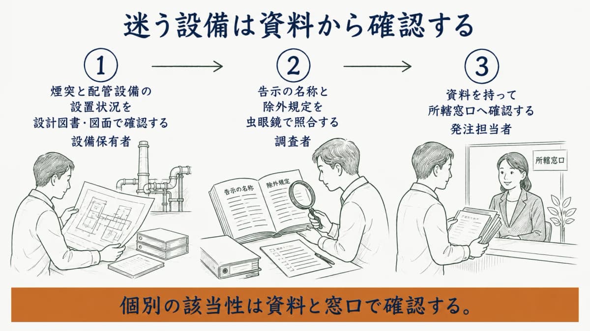 個別該当性を断定せず資料と所轄窓口で確認する流れ