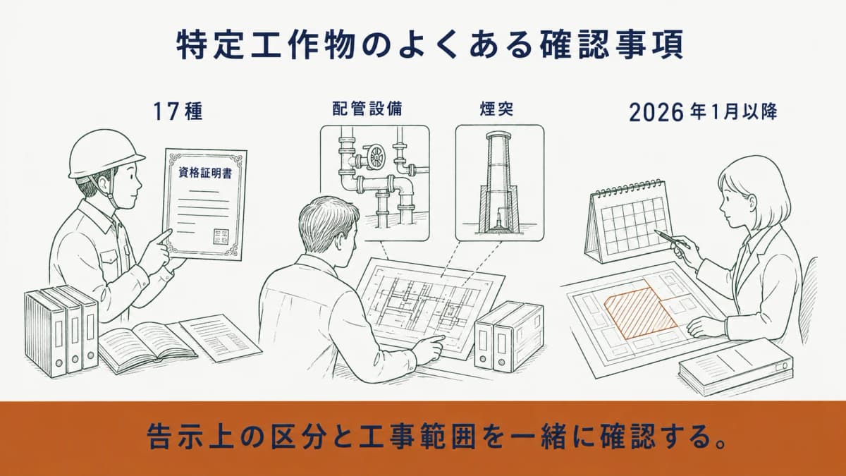 特定工作物17種と調査者の区分に関するFAQ図