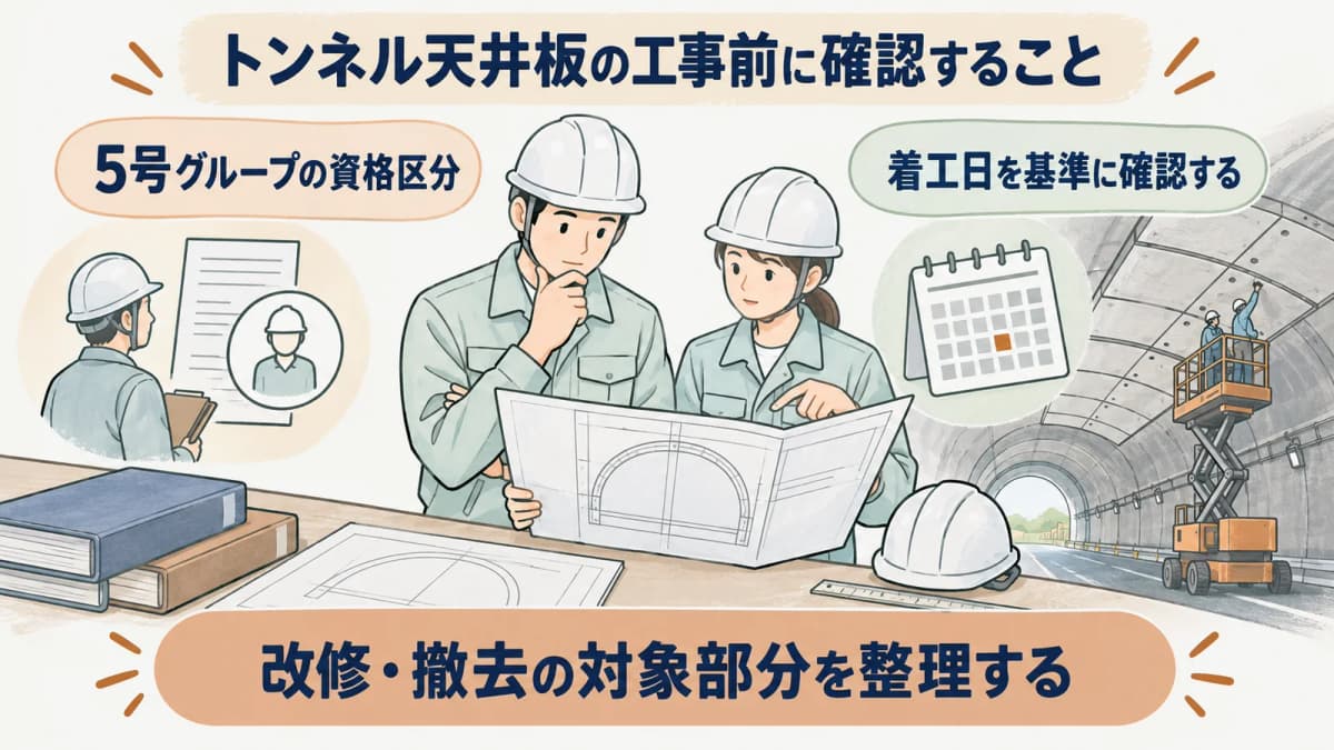 トンネル天井板の部位と設置状況と確認資料を整理する図