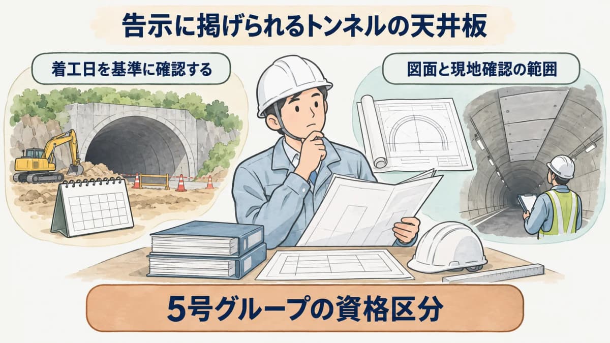 トンネル天井板の資格区分と着工日を確認する図