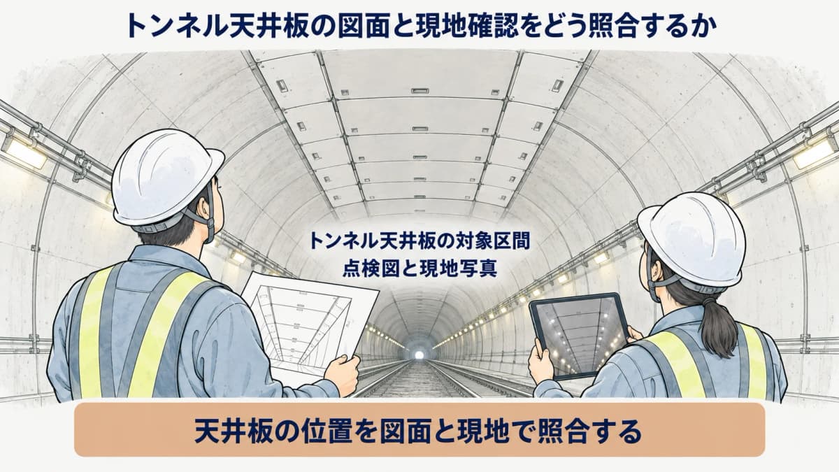 トンネル天井板の図面現地確認記録を照合する図