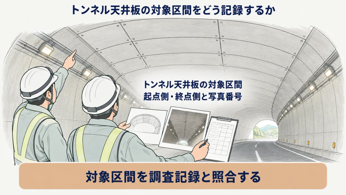 トンネル天井板の対象区間と記録を照合する図