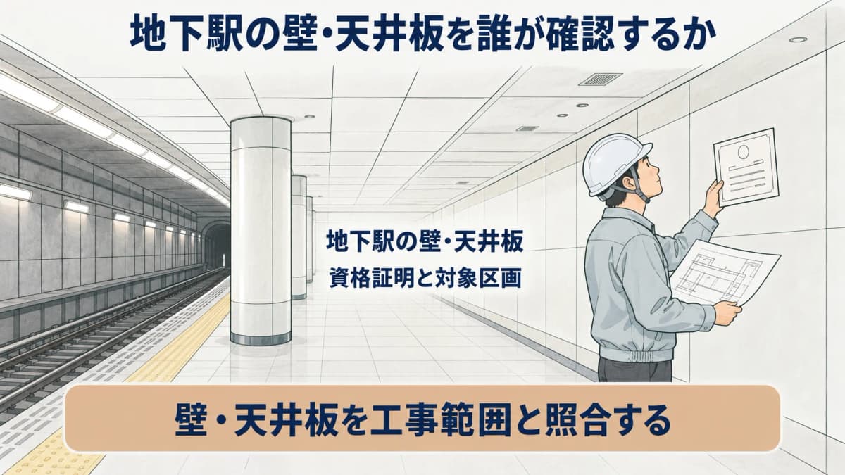 地下駅の壁天井板の資格証明と工事範囲を照合する図