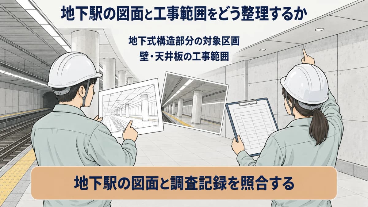 地下駅の図面工事範囲調査記録を整理する図