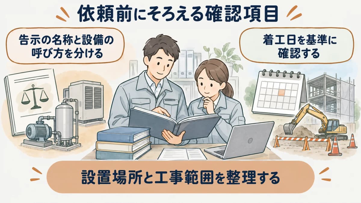 工作物調査の依頼前に設備用途工事範囲を並べる図